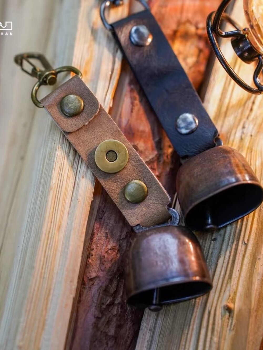 Set of 2 Rustic Bear Bells Leather Keychains